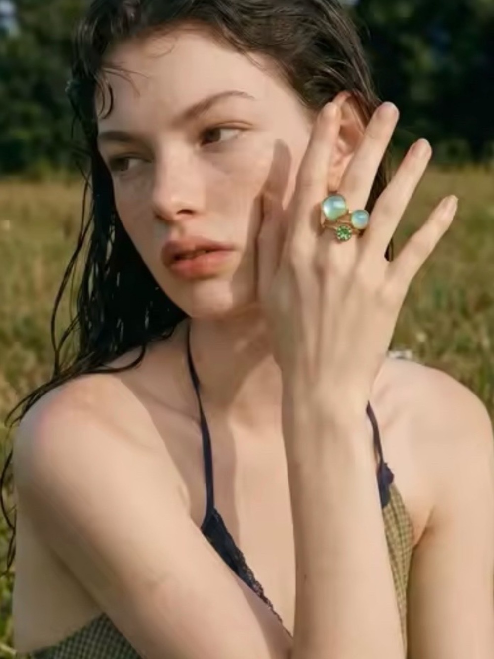 New Gold Multi-Band Ring with Mint Green Stones